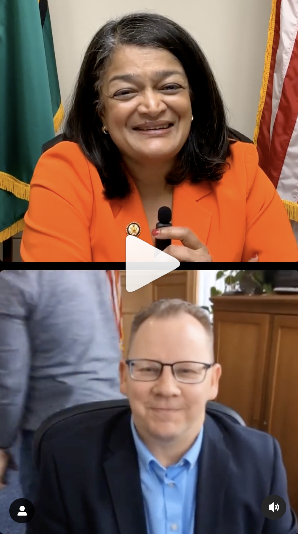 A screenshot of US Congresswoman Pramila Jayapal's Instagram Live interview with Washington State Superintendent Chris Reykdal